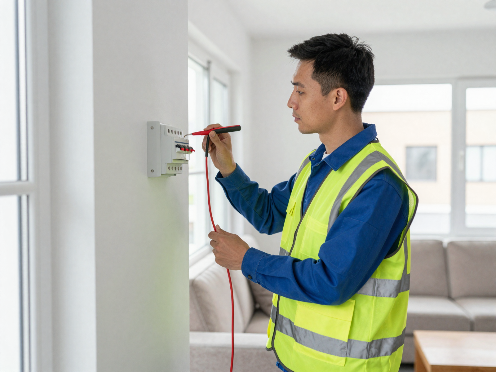 Residential electrician checking circuit breaker panel